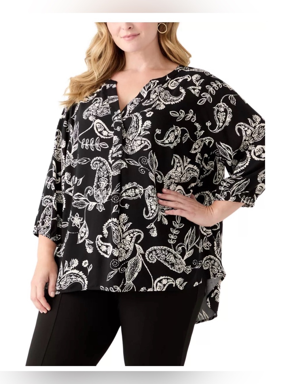 Philosophy Three Quarter Sleeve Popover Blouse in Black and White| Size:  1X